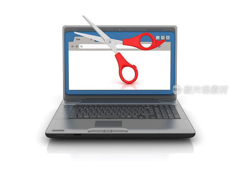 电脑笔记本电脑与网络浏览器和剪刀- 3D渲染